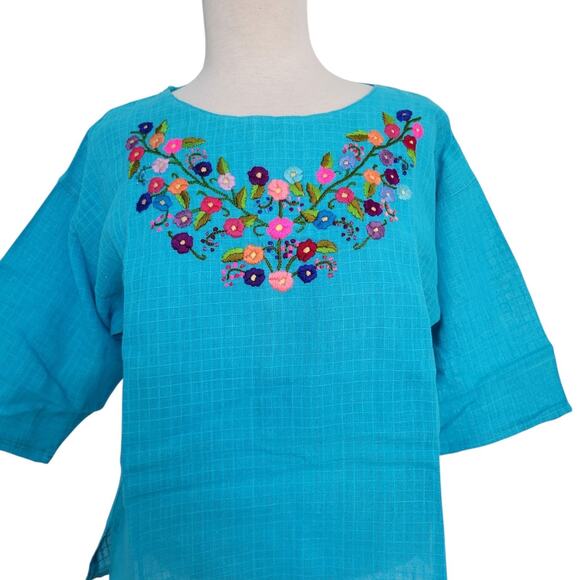 New Guatemalan Embroidered Woven Folk Art Blouse Turquoise Small Craftcore - Picture 5 of 9